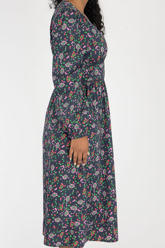 Cotton V-neck midi dress - Navy flowers