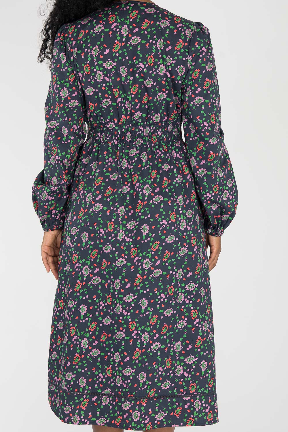 Cotton V-neck midi dress - Navy flowers
