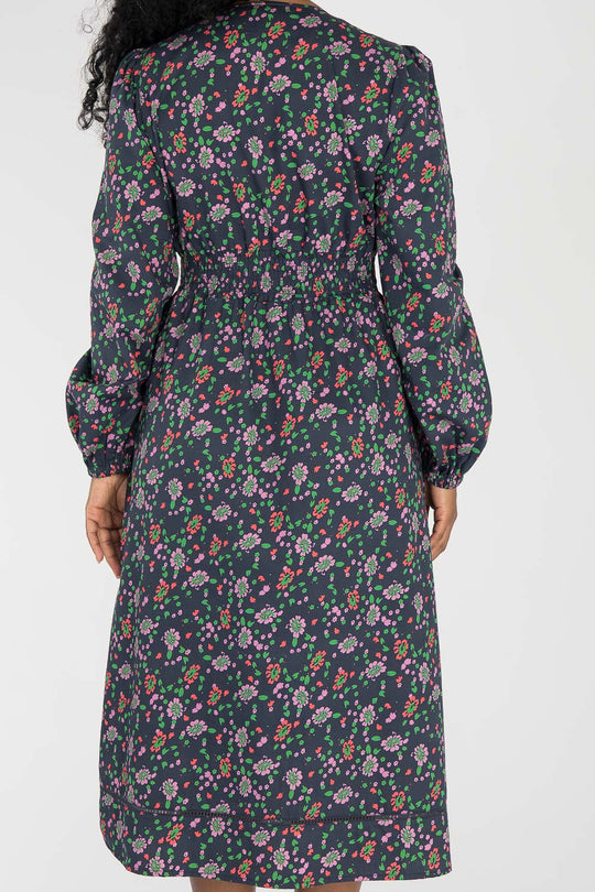 Cotton V-neck midi dress - Navy flowers