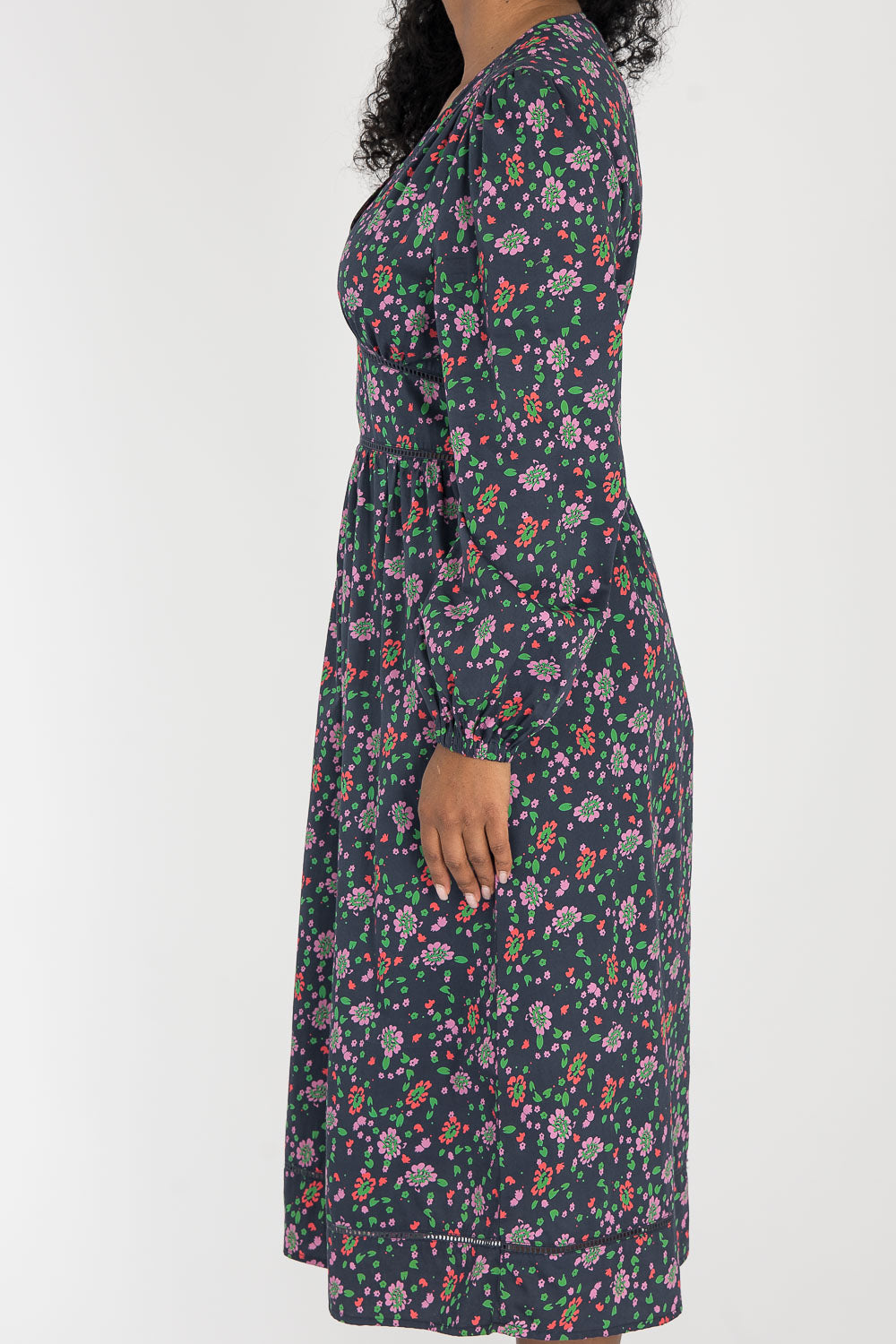 Cotton V-neck midi dress - Navy flowers