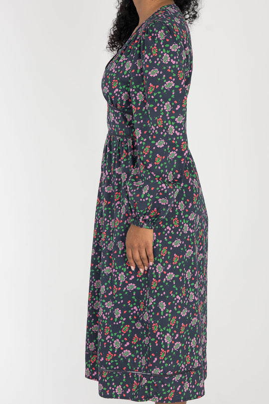 Cotton V-neck midi dress - Navy flowers