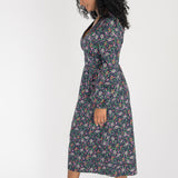 Cotton V-neck midi dress - Navy flowers
