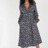 Cotton V-neck midi dress - Navy flowers