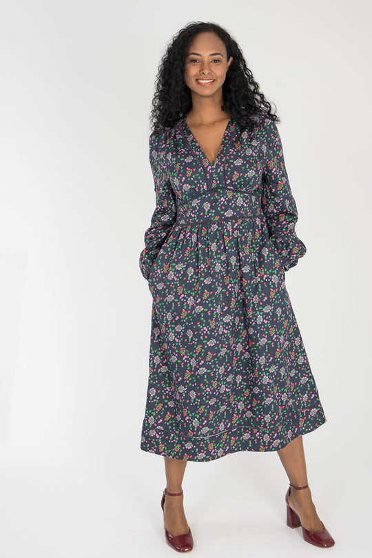 Cotton V-neck midi dress - Navy flowers