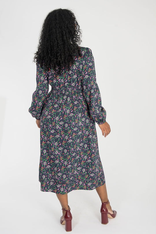 Cotton V-neck midi dress - Navy flowers