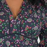 Cotton V-neck midi dress - Navy flowers