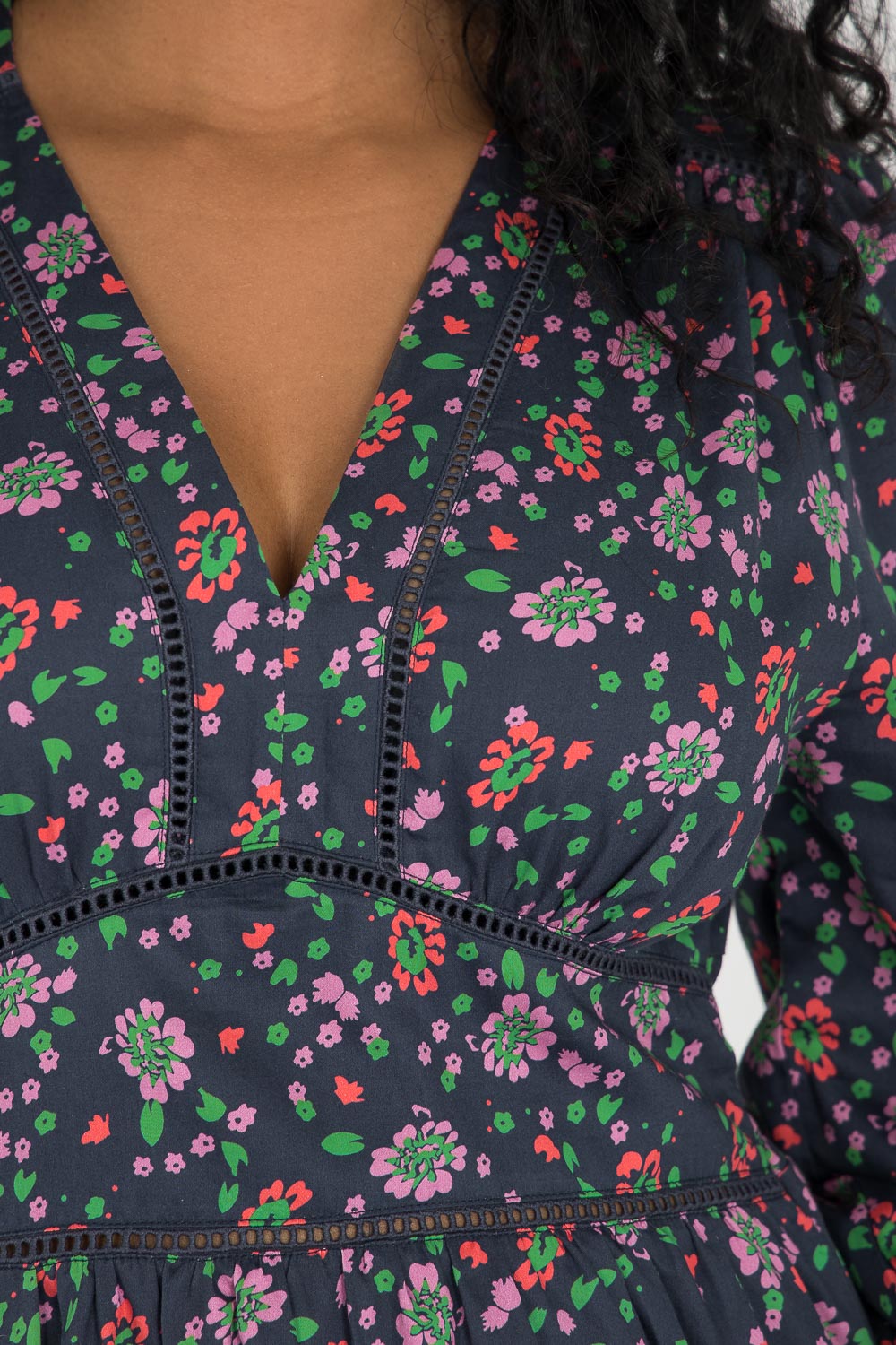 Cotton V-neck midi dress - Navy flowers