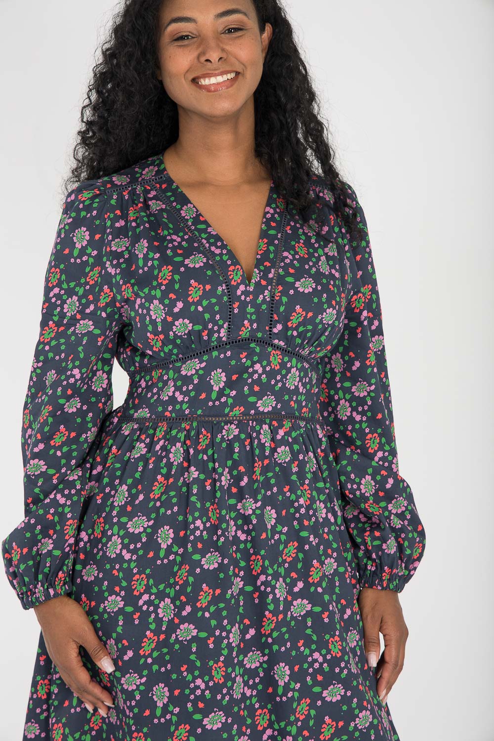 Cotton V-neck midi dress - Navy flowers