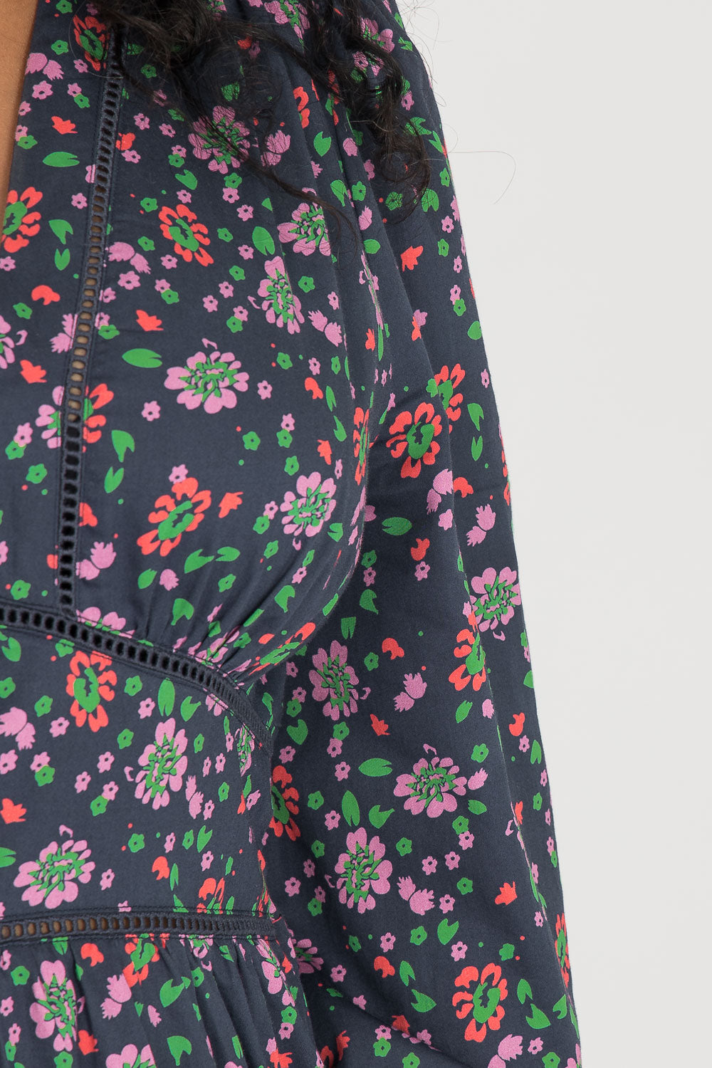 Cotton V-neck midi dress - Navy flowers