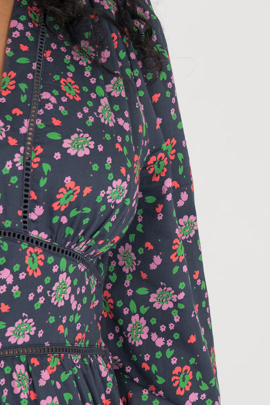 Cotton V-neck midi dress - Navy flowers