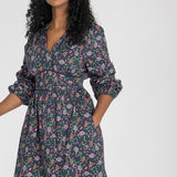 Cotton V-neck short dress - Navy flowers