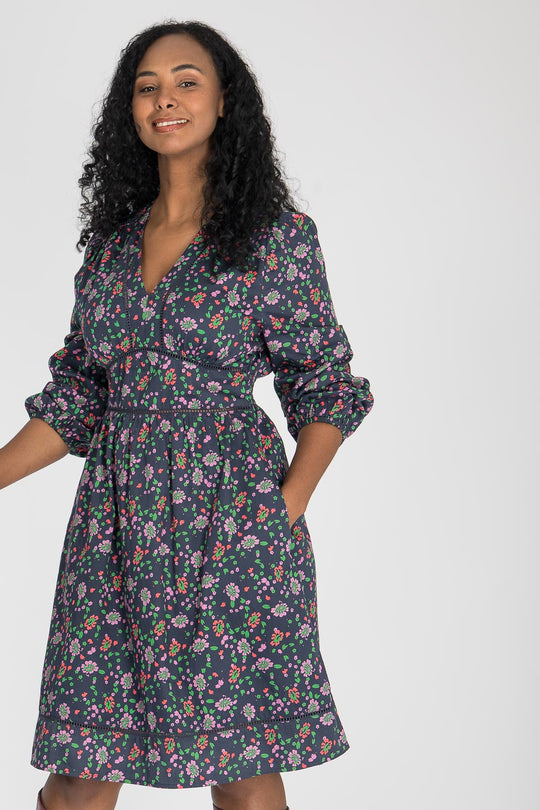 Cotton V-neck short dress - Navy flowers