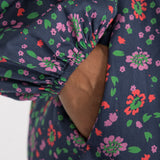 Cotton V-neck short dress - Navy flowers