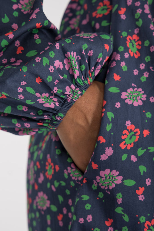Cotton V-neck short dress - Navy flowers