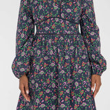 Cotton V-neck short dress - Navy flowers