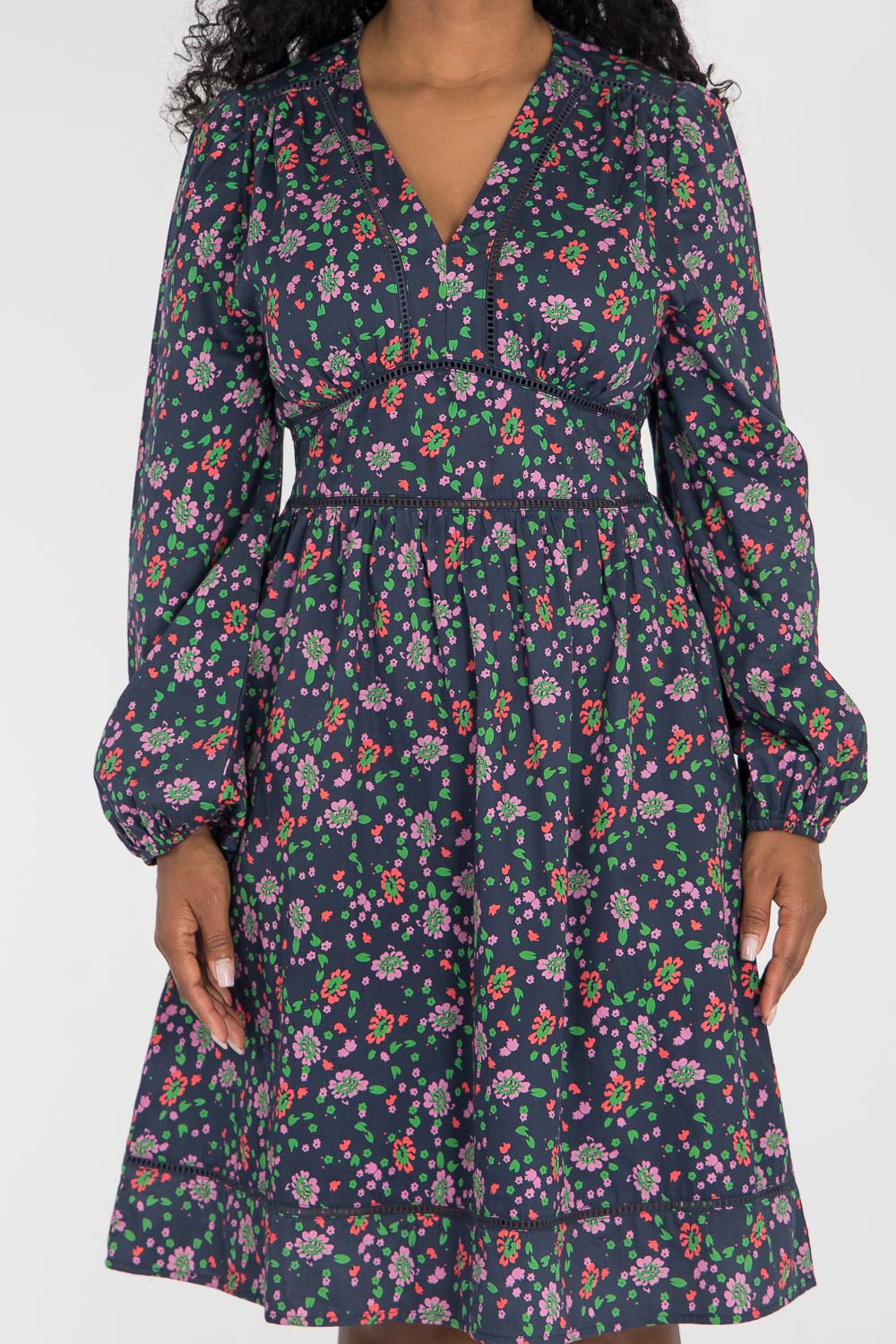Cotton V-neck short dress - Navy flowers
