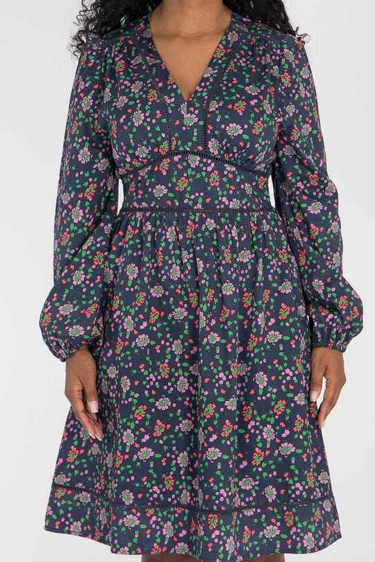 Cotton V-neck short dress - Navy flowers