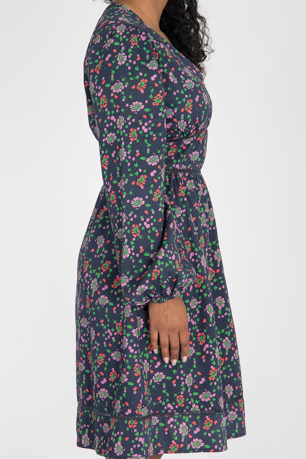 Cotton V-neck short dress - Navy flowers