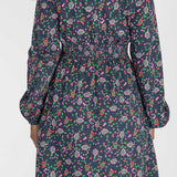 Cotton V-neck short dress - Navy flowers