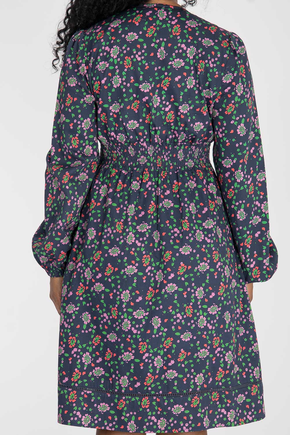 Cotton V-neck short dress - Navy flowers