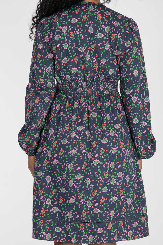 Cotton V-neck short dress - Navy flowers