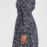 Cotton V-neck short dress - Navy flowers