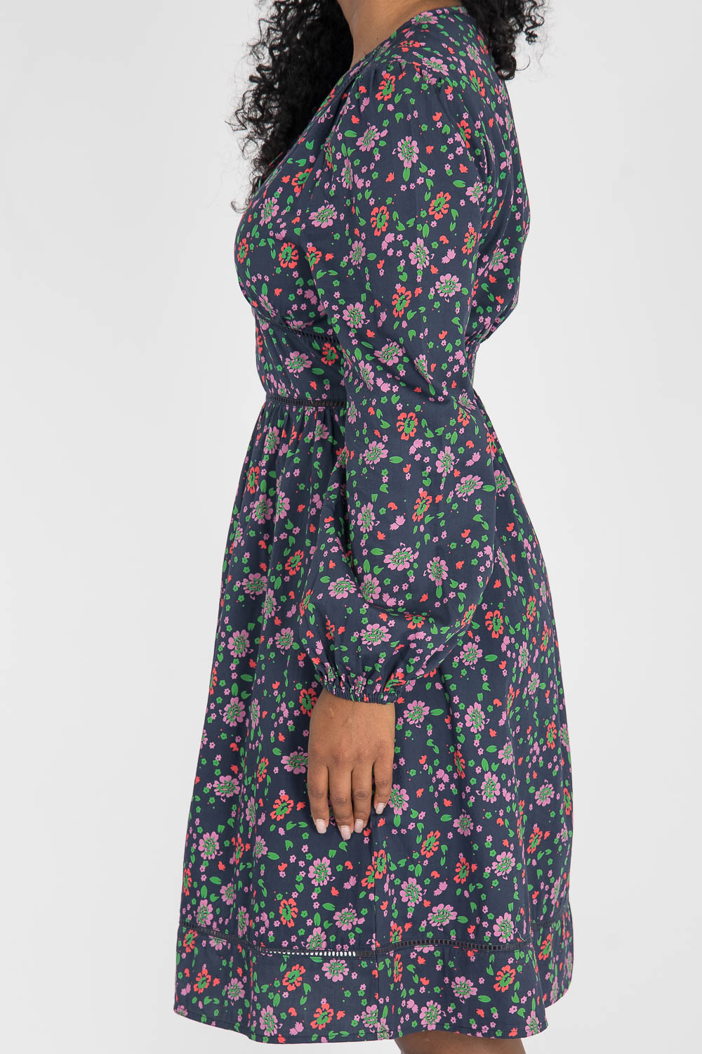 Cotton V-neck short dress - Navy flowers