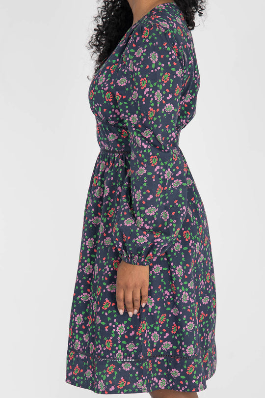 Cotton V-neck short dress - Navy flowers