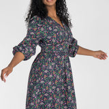 Cotton V-neck short dress - Navy flowers
