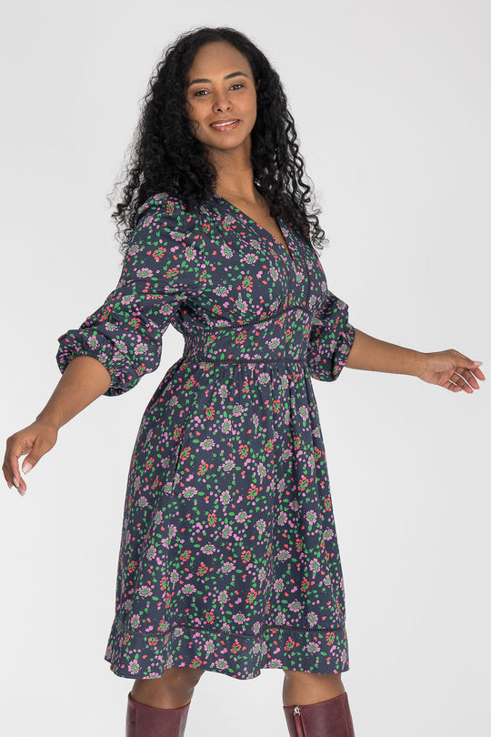 Cotton V-neck short dress - Navy flowers