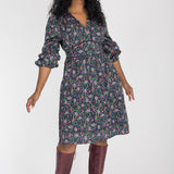 Cotton V-neck short dress - Navy flowers