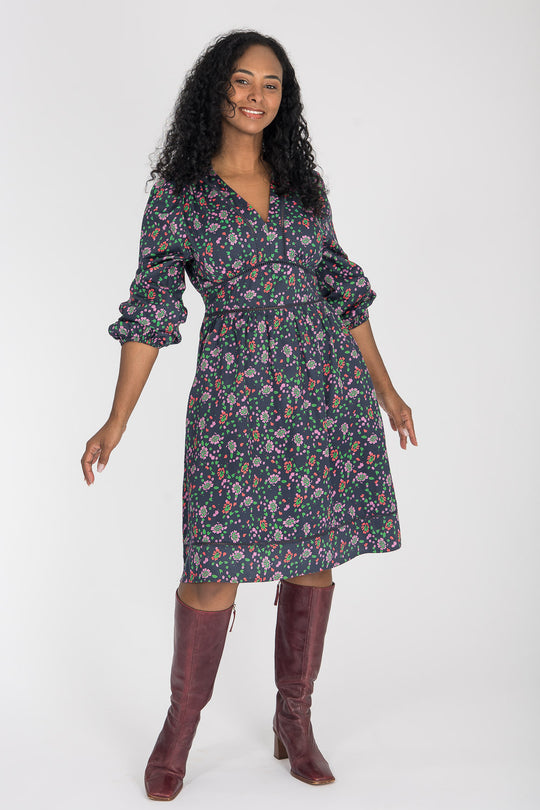 Cotton V-neck short dress - Navy flowers