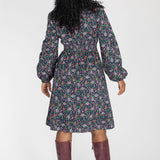Cotton V-neck short dress - Navy flowers