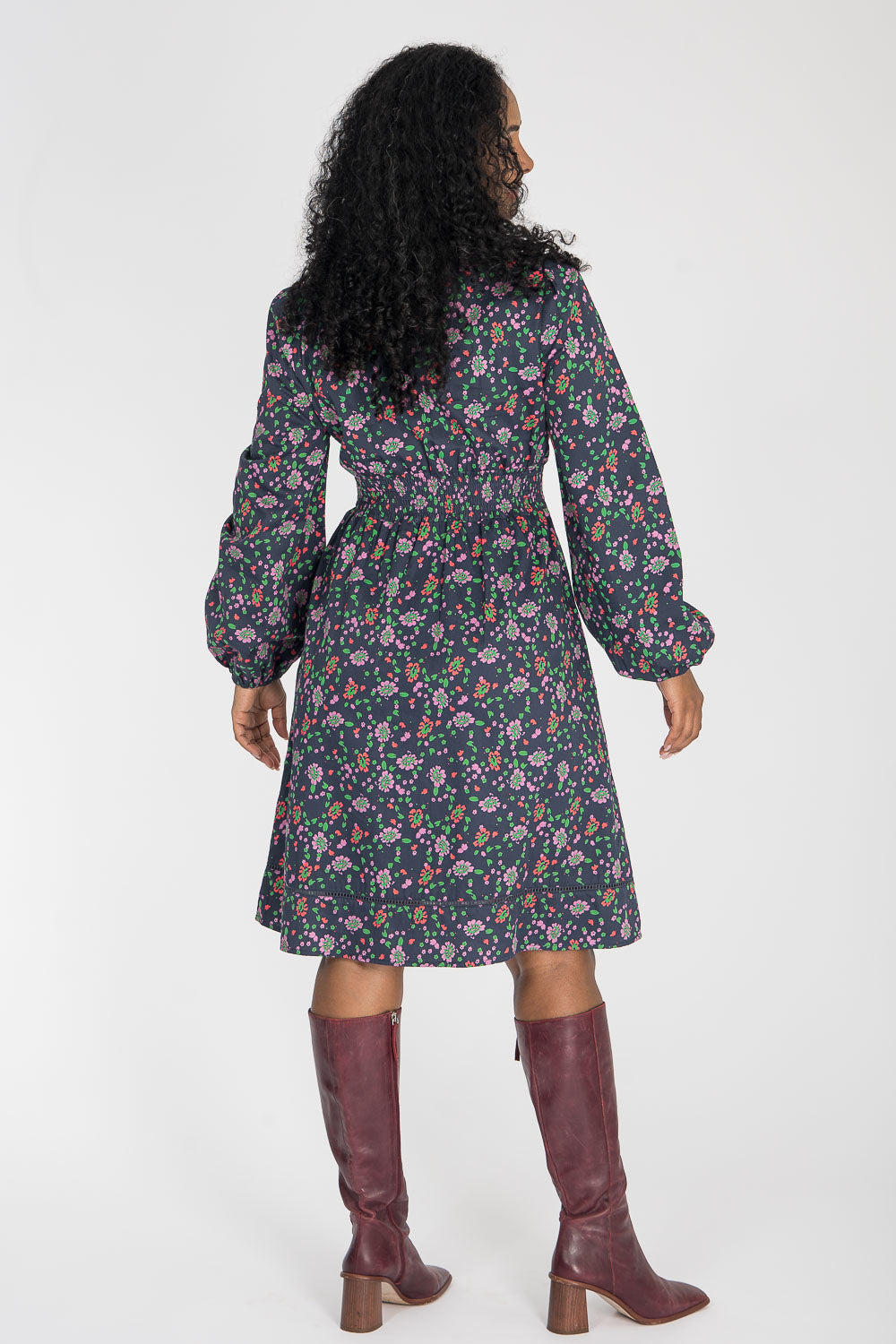 Cotton V-neck short dress - Navy flowers