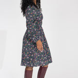 Cotton V-neck short dress - Navy flowers