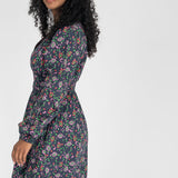 Cotton V-neck short dress - Navy flowers