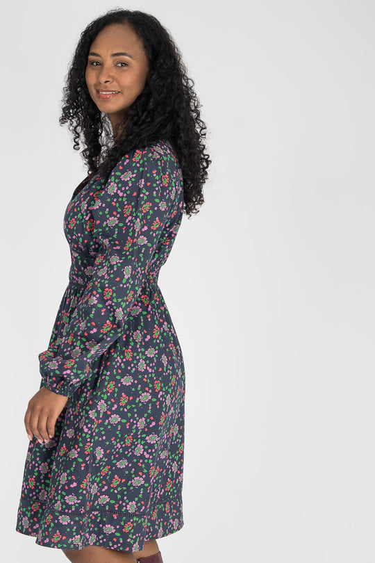 Cotton V-neck short dress - Navy flowers