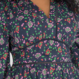 Cotton V-neck short dress - Navy flowers