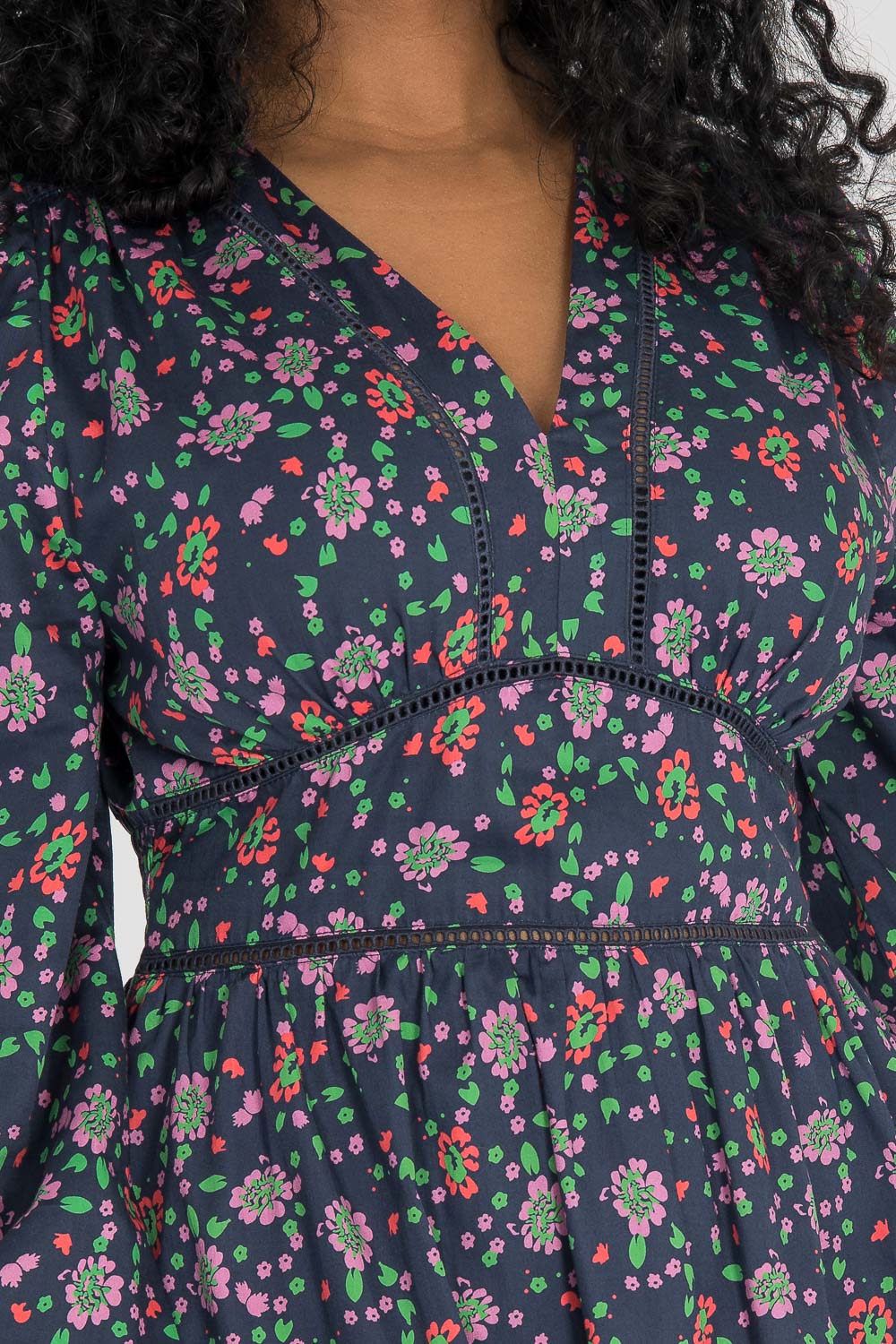 Cotton V-neck short dress - Navy flowers