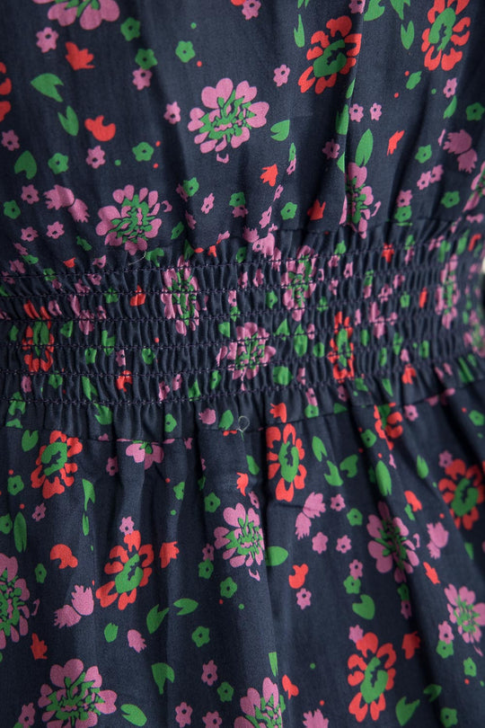 Cotton V-neck short dress - Navy flowers