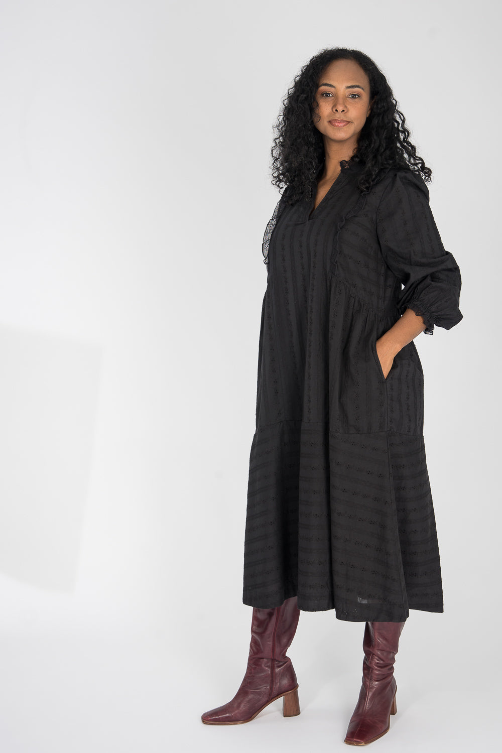 Cotton lace midi dress - Black