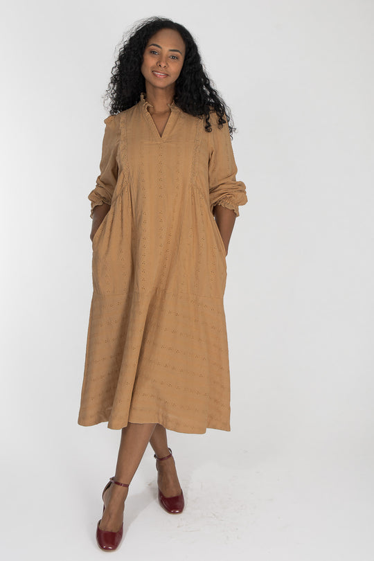 Cotton lace midi dress - Sand