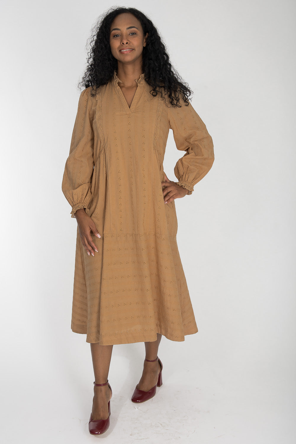 Cotton lace midi dress - Sand