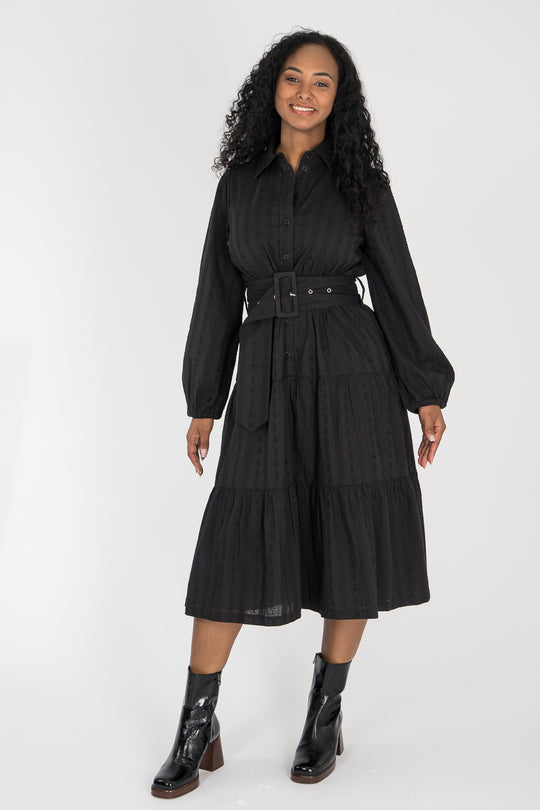 Shirt cotton lace midi dress - Black