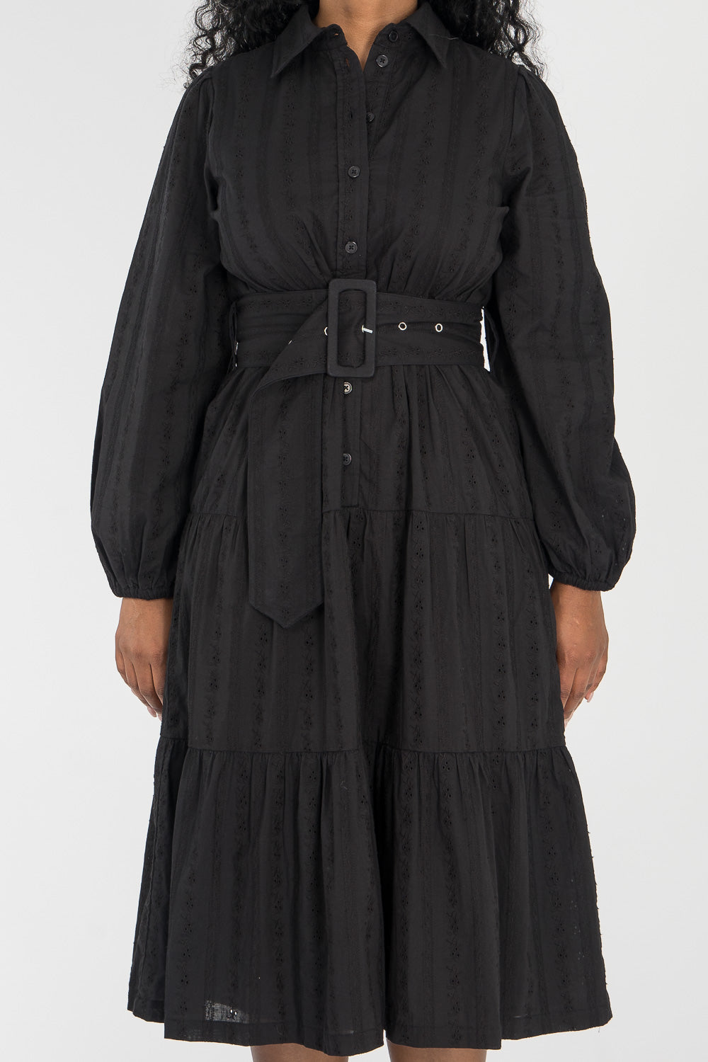 Shirt cotton lace midi dress - Black