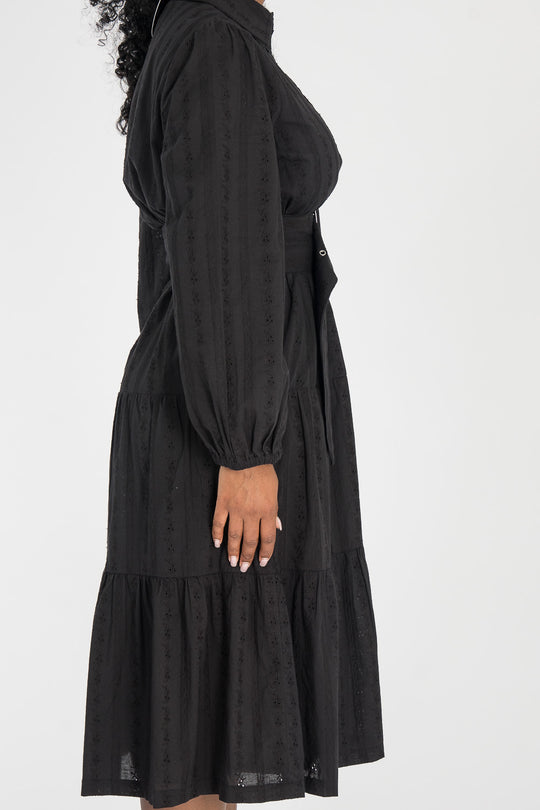 Shirt cotton lace midi dress - Black