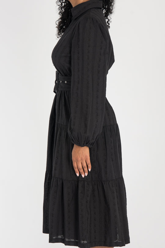 Shirt cotton lace midi dress - Black