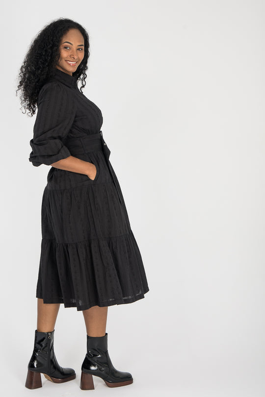 Shirt cotton lace midi dress - Black