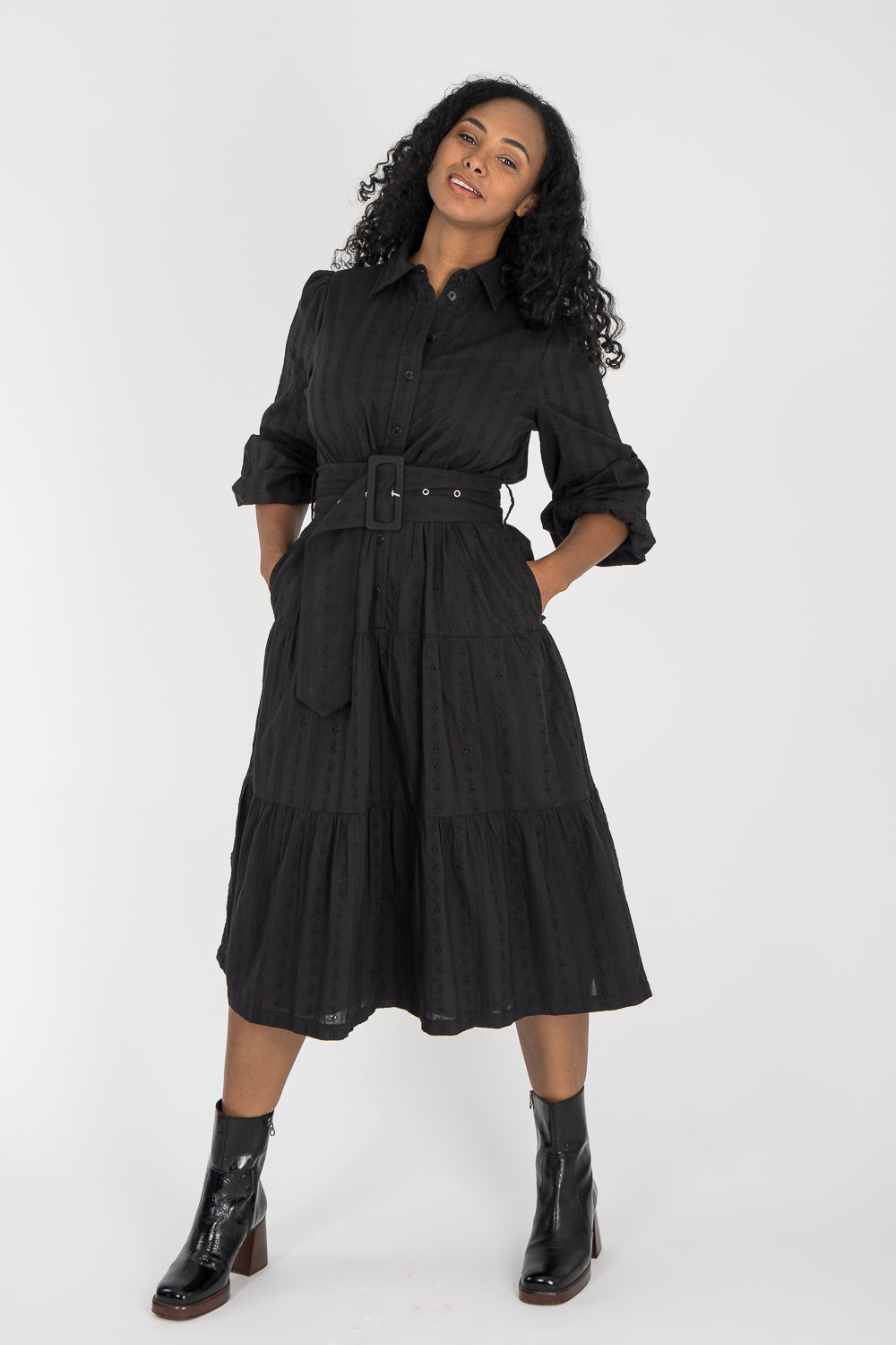 Shirt cotton lace midi dress - Black