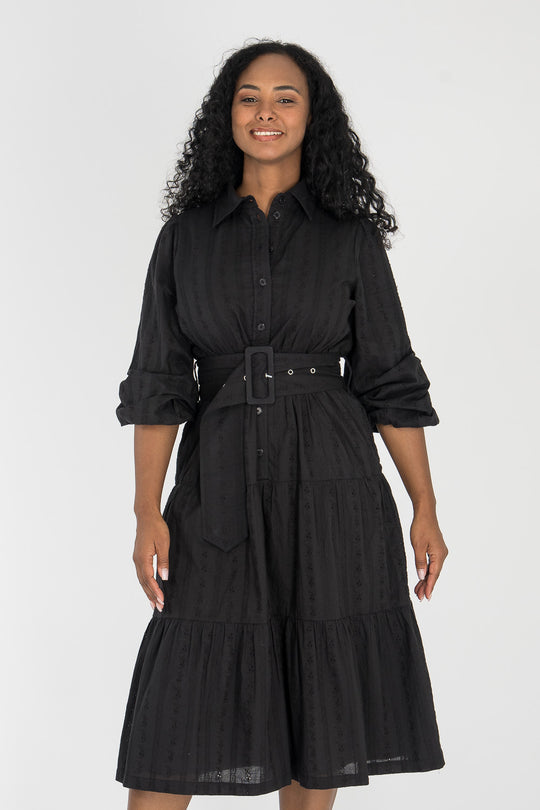 Shirt cotton lace midi dress - Black